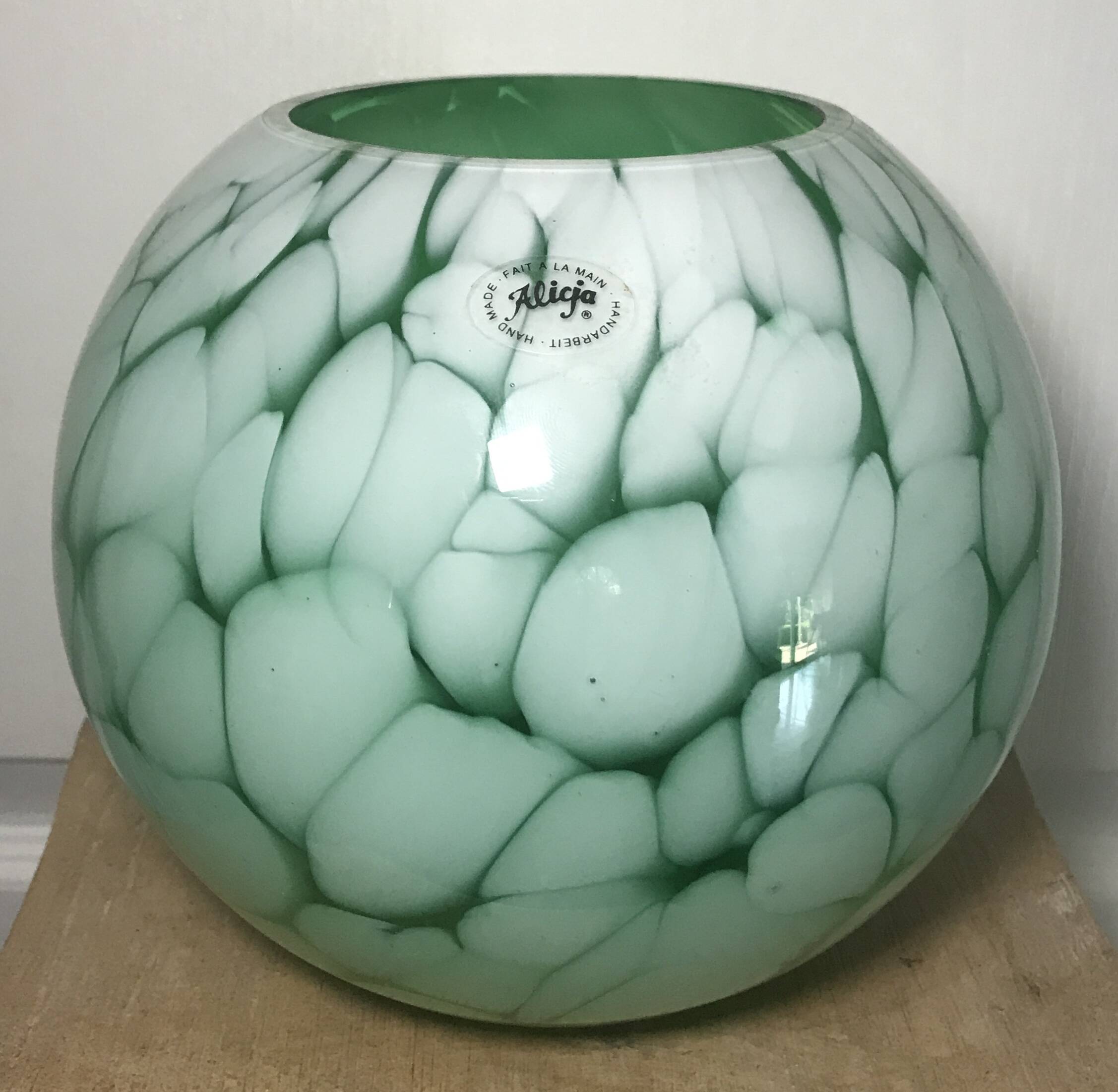 Vintage glass vase ball shape handmade alicja green and white