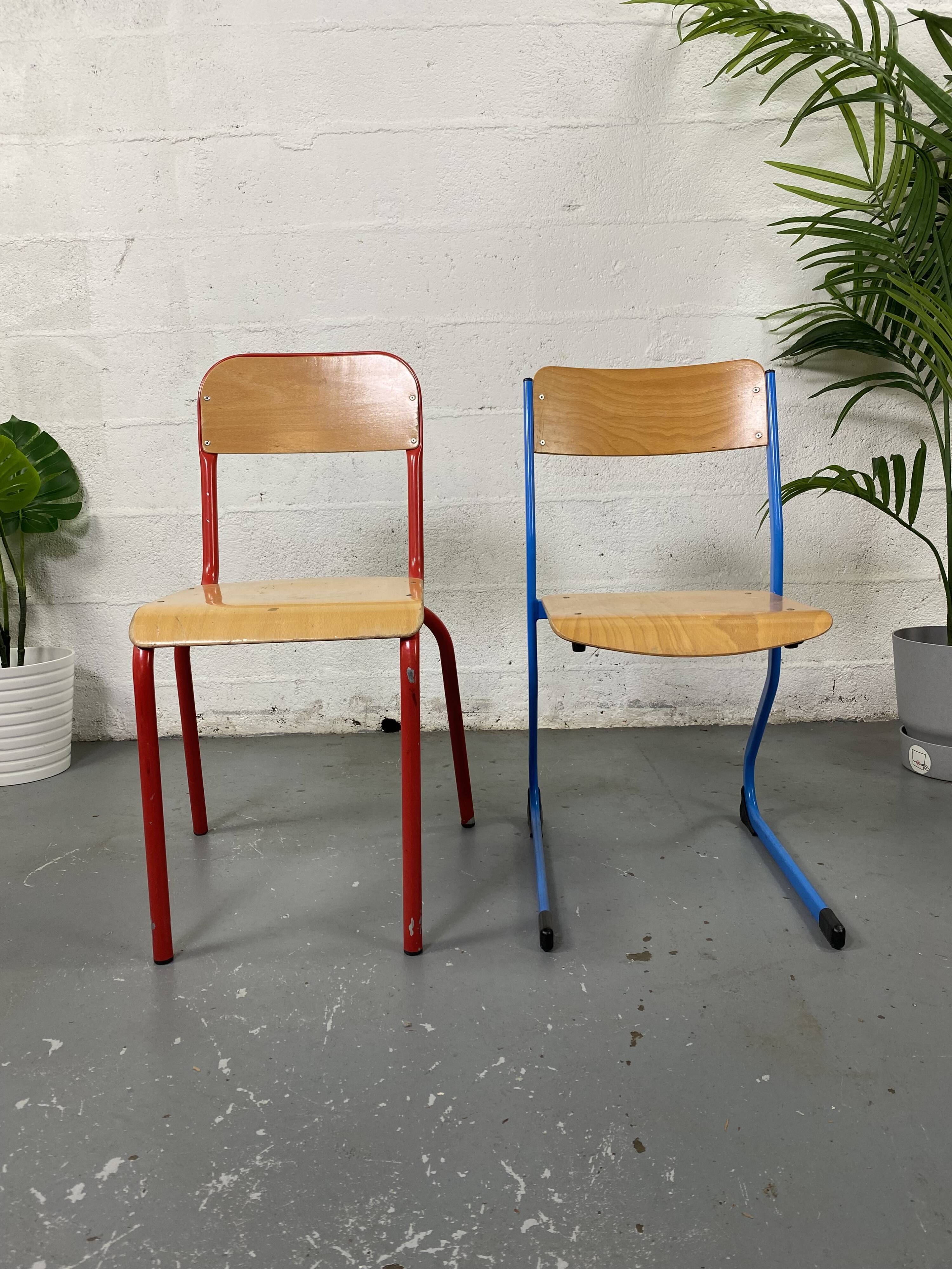 Set of 2 mismatched industrial school chairs