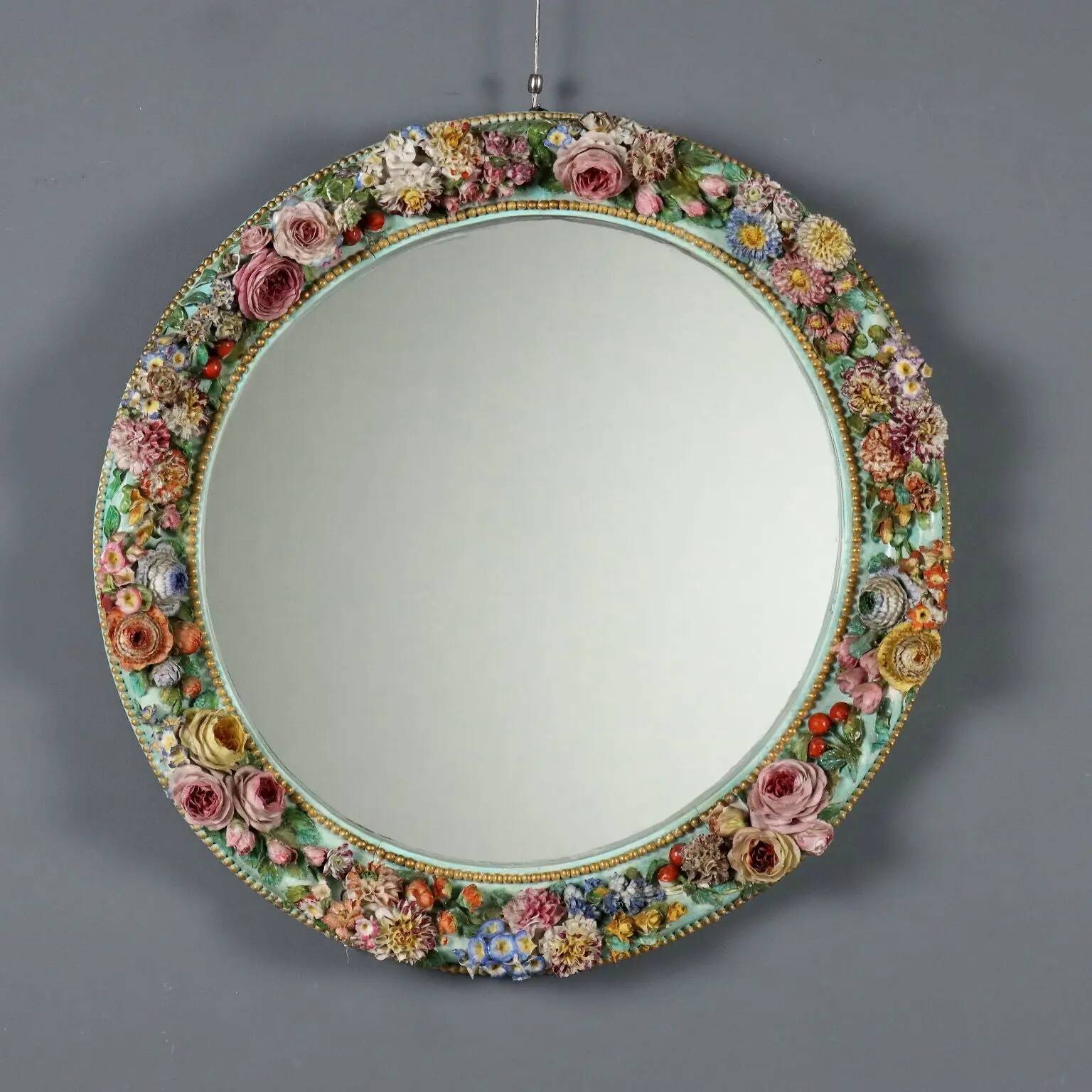 Antique ceramic mirror with floral decoration, 19th century