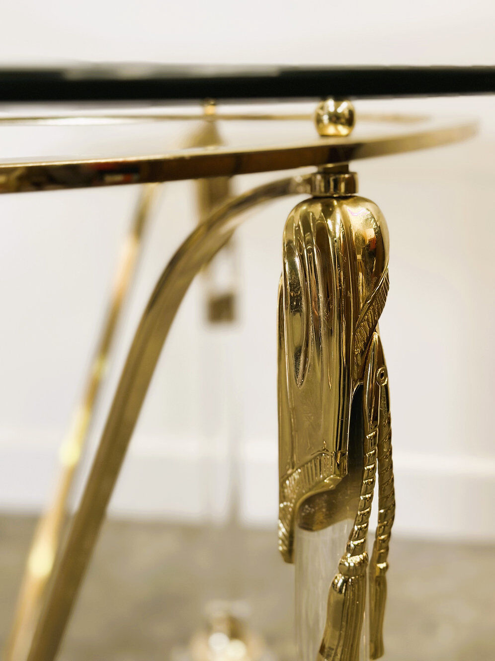 Brass and lucite dining table with beveled glass top, Italy 1980s.