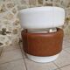 Barrel chair + 2 poufs Selac 1970s cognac and white faux leather