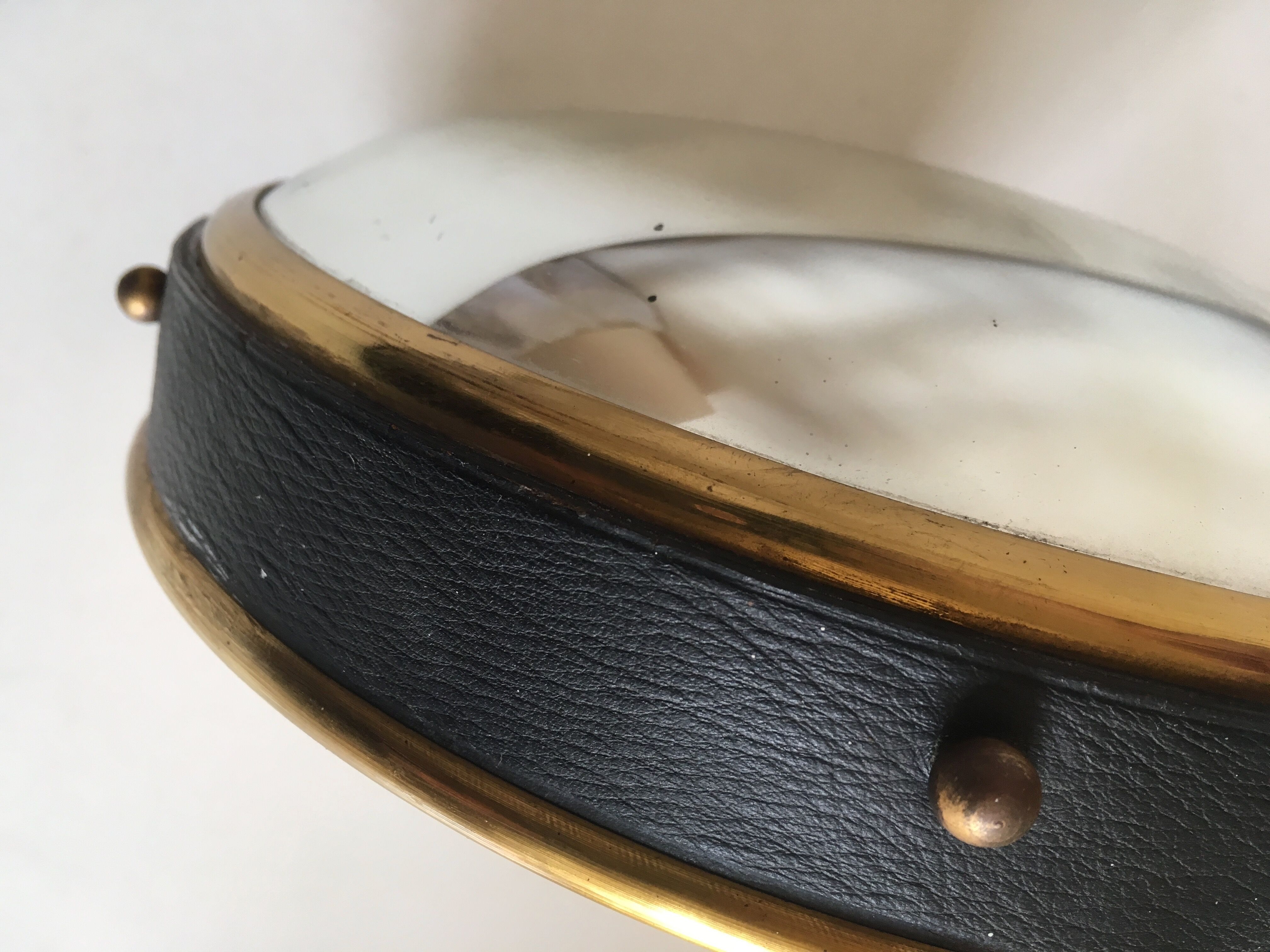 Leather and brass bulging witch mirror 1970 21cm