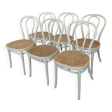 Ensemble de 6 chaises de salle à manger vintage de style Thonet : bois blanc et assise en cannage.
