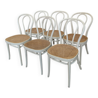 Set of 6 Vintage Thonet Style Dining Chairs: White Wood & Cane Seat