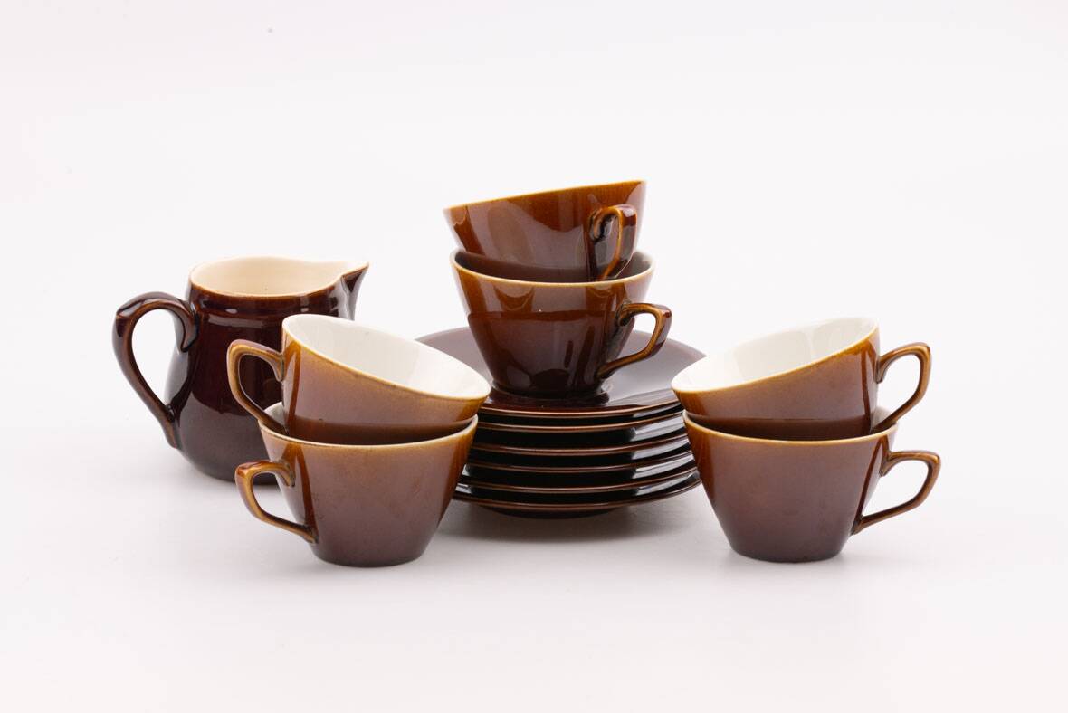 Set of 6 cups and saucers Villeroy & Boch - Bistro model - Brown and white - 1960s
