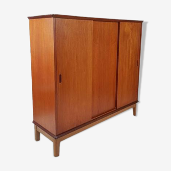 Sideboard high Danish teak veneer vintage sliding doors