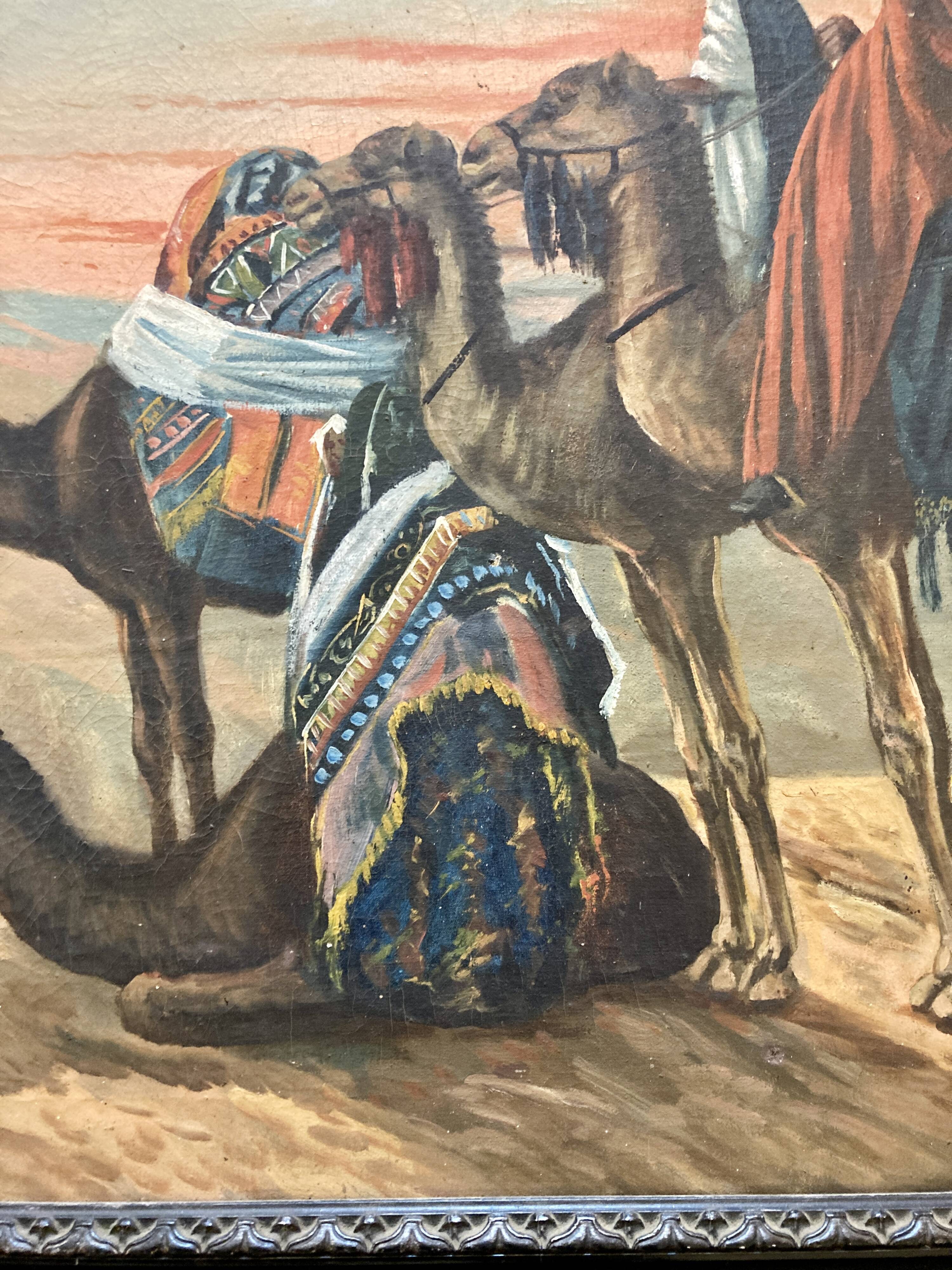 Grand Orientalist painting - the dromedaries and the Bedouins in the desert.