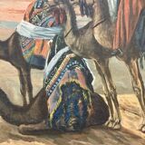 Grand Orientalist painting - the dromedaries and the Bedouins in the desert.