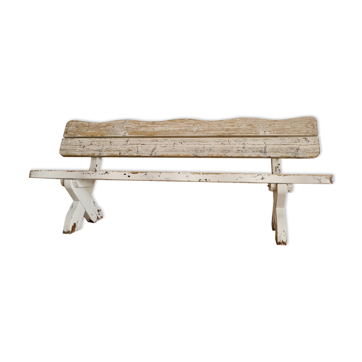 Exterior bench in patinated white solid wood