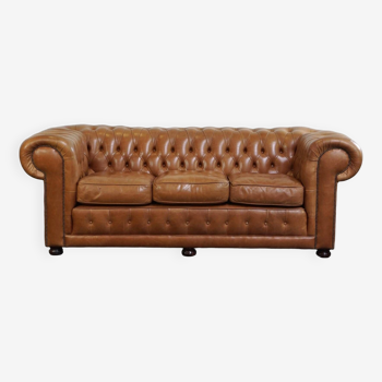 Light brown/cream-colored cowhide leather English spacious 2.5-seater Chesterfield sofa