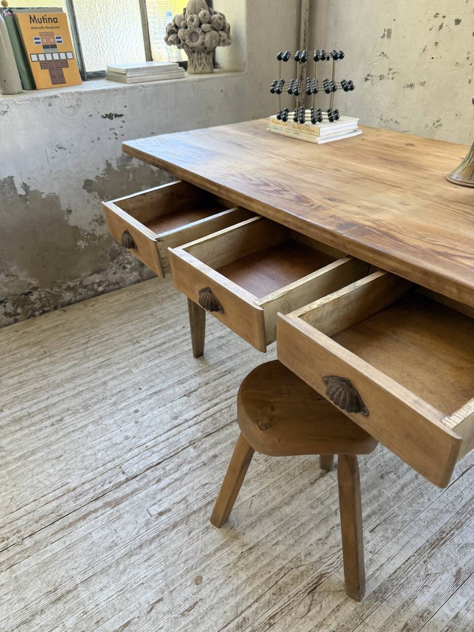 1950s pine and oak farmhouse table with multiple drawers