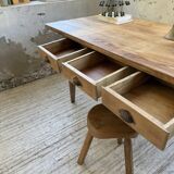 1950s pine and oak farmhouse table with multiple drawers