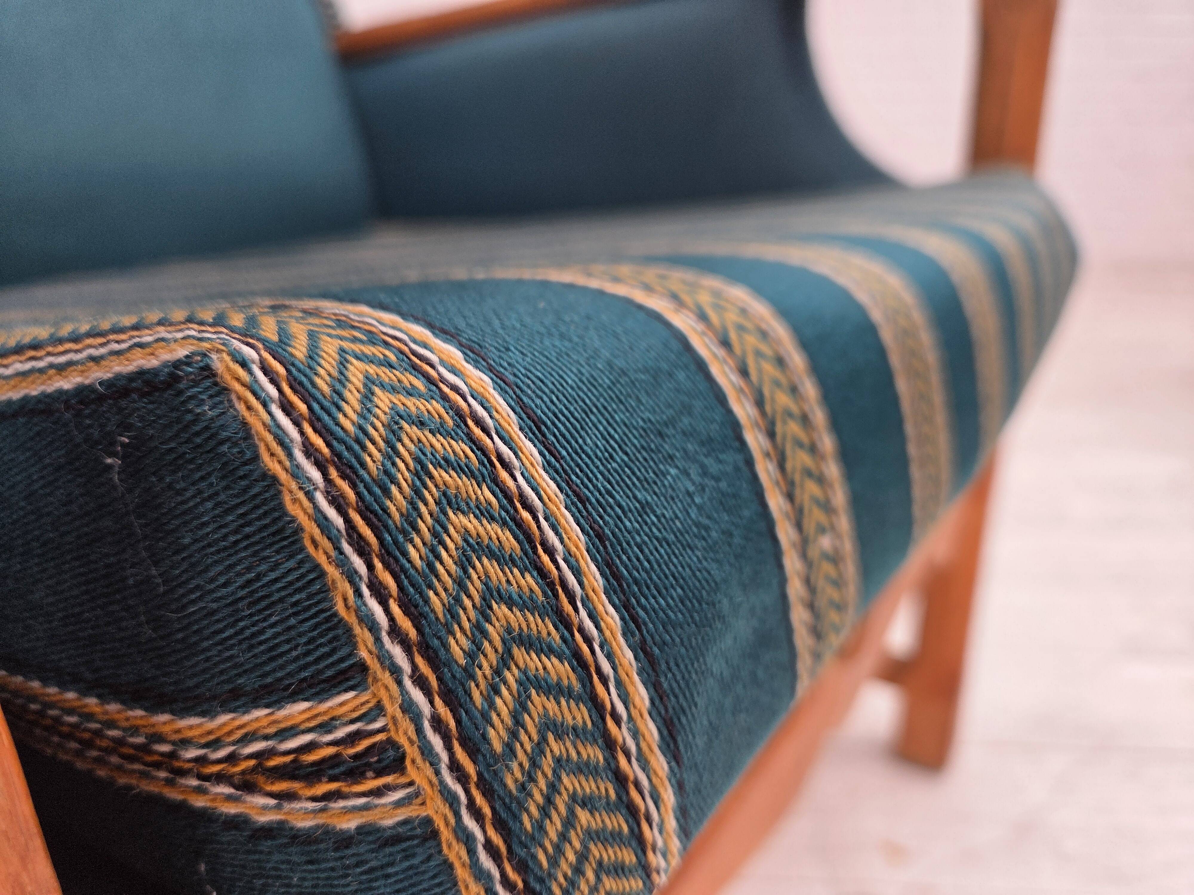 1970s, Danish highback armchair, furniture wool, solid oak wood.