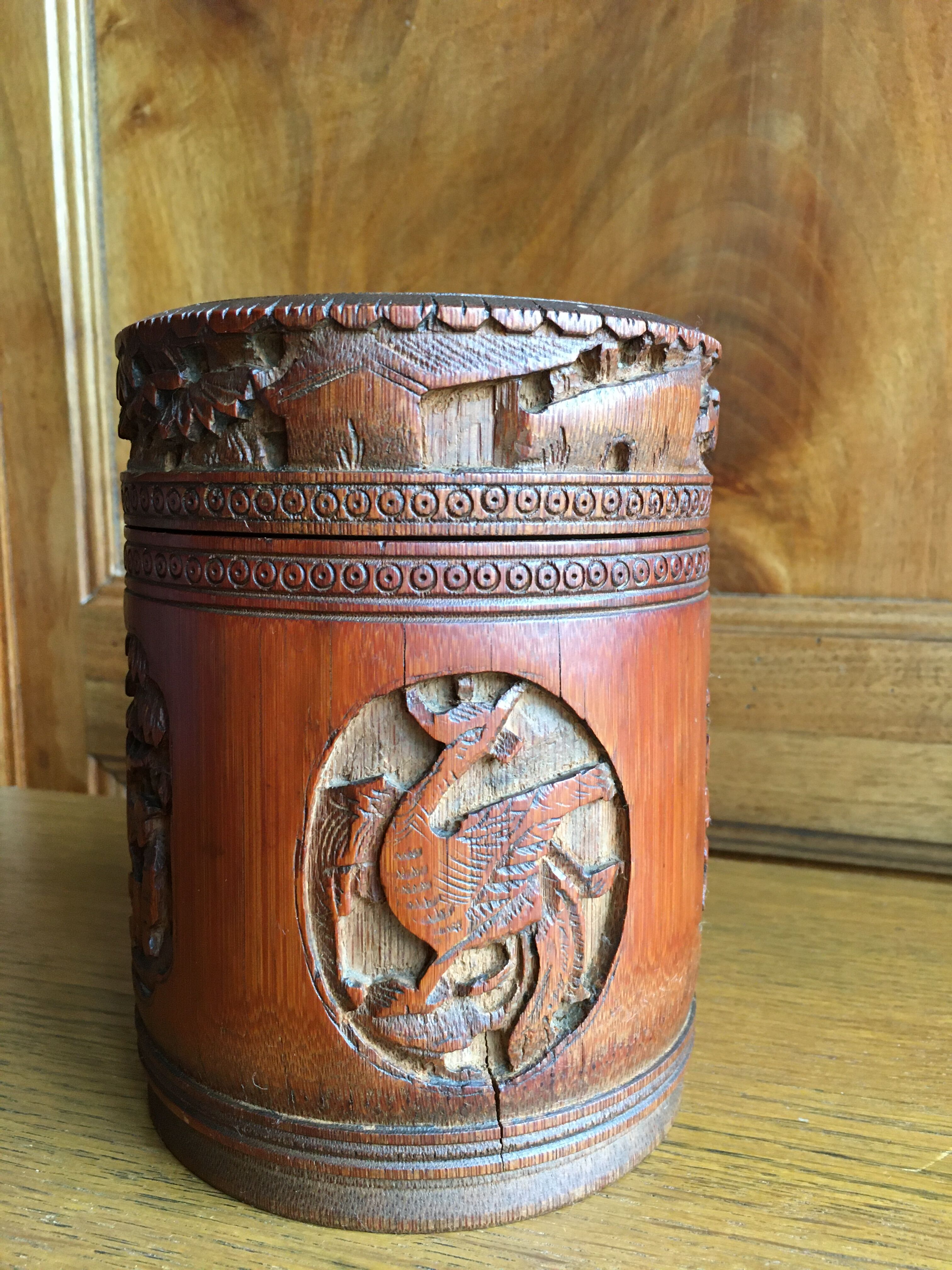 Round carved wooden box