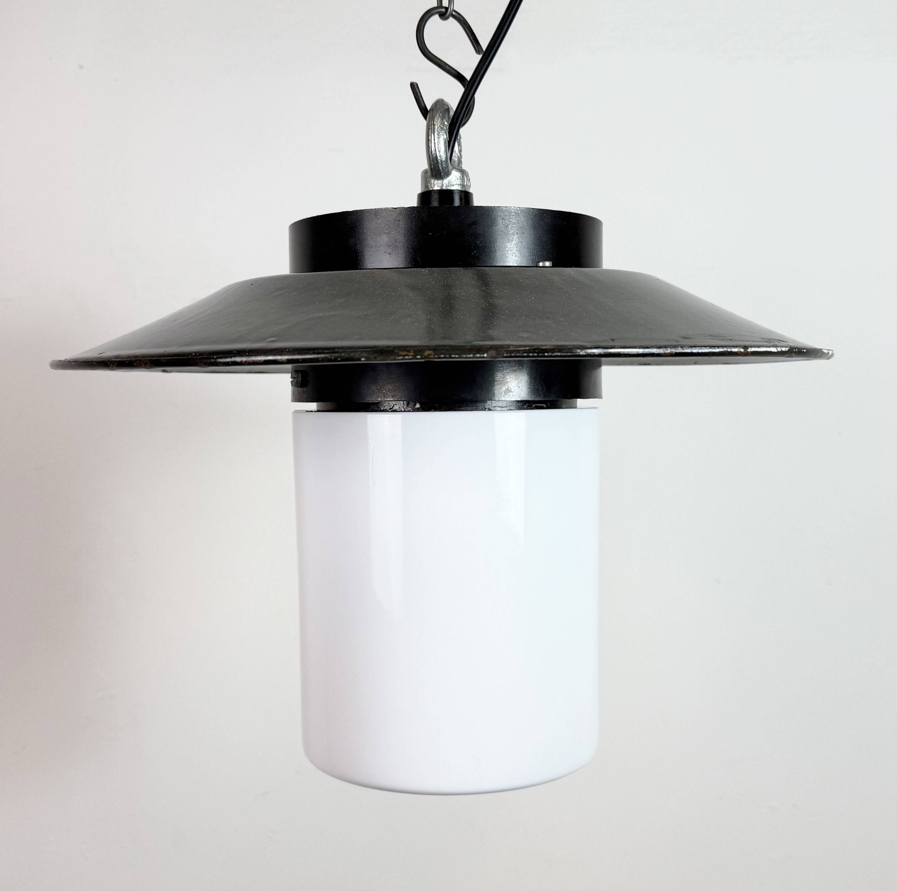 Industrial Grey Enamel Pendant Lamp with Milk Glass, 1960s