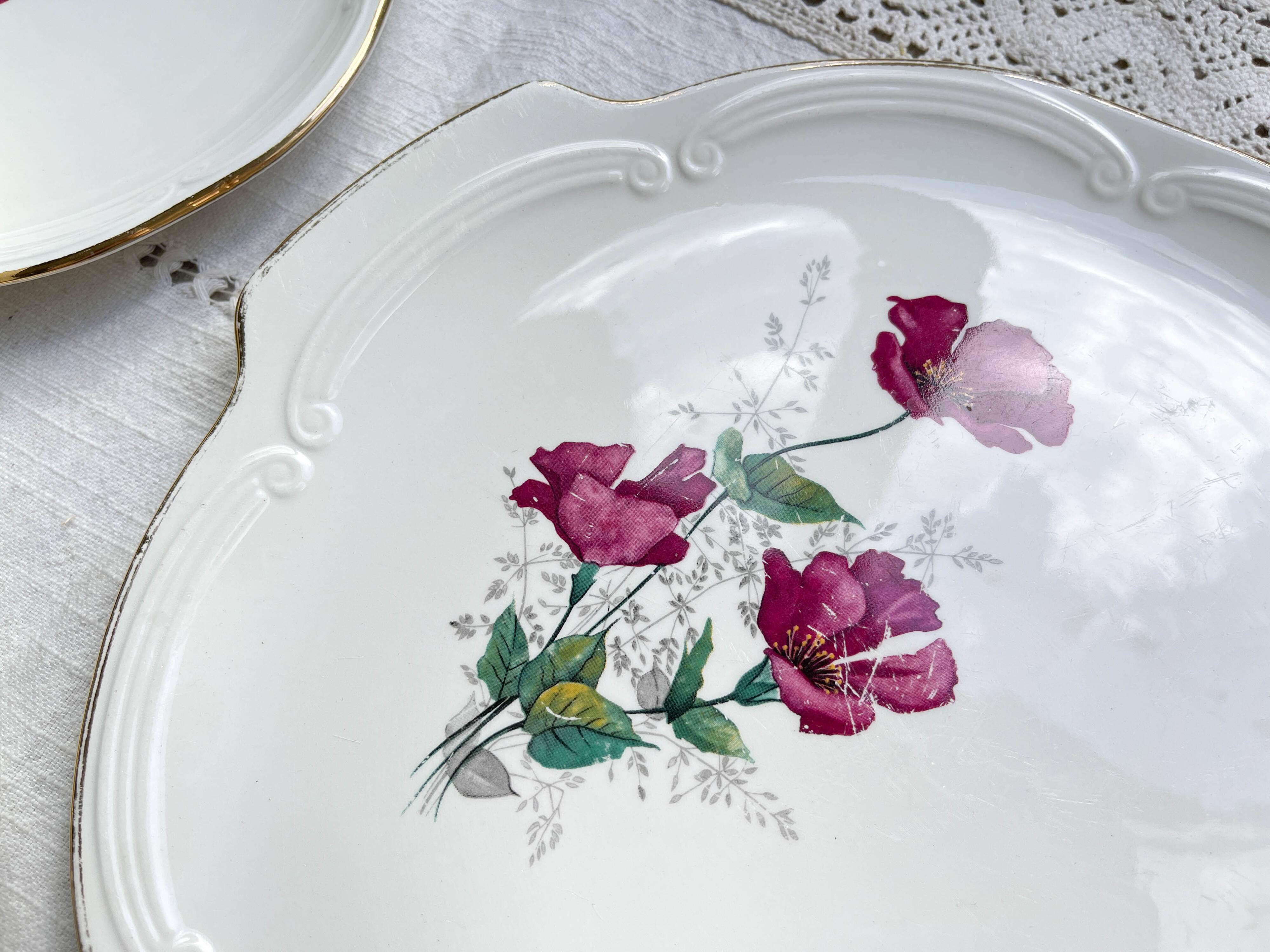 Vintage dessert service for 8 people in Gien porcelain from France, Elegance model, floral motif