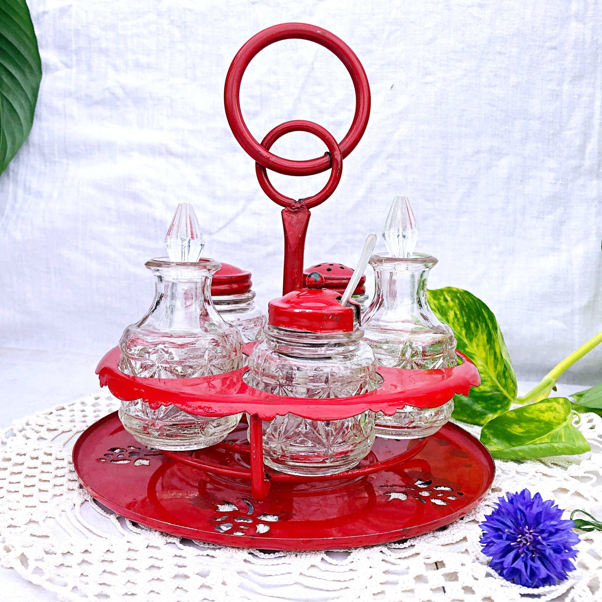 Table condiment server red metal turntable 6 vintage pieces