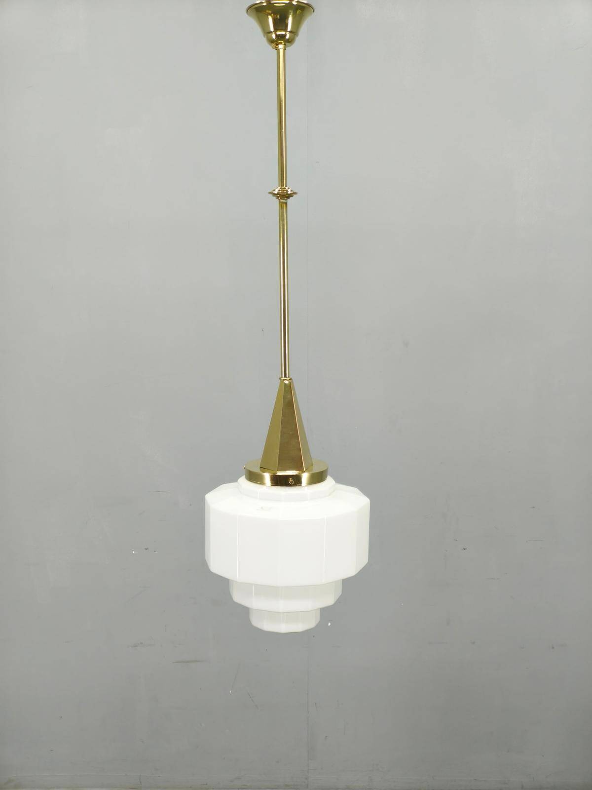 Art Deco Brass Pendant with Geometric Opaline Glass, Czechoslovakia 1930s