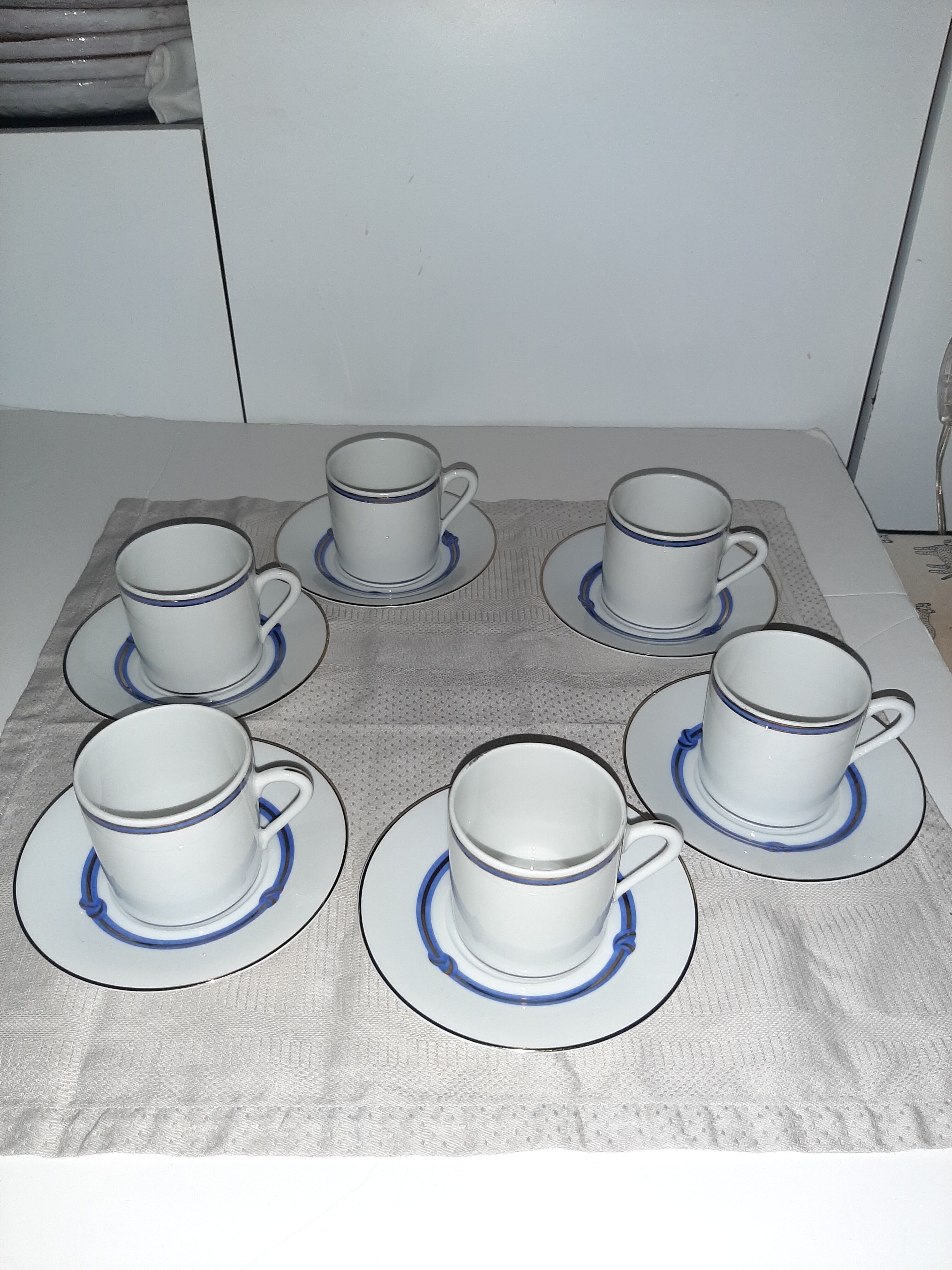 6 Christofle bandeea blue porcelain coffee cups