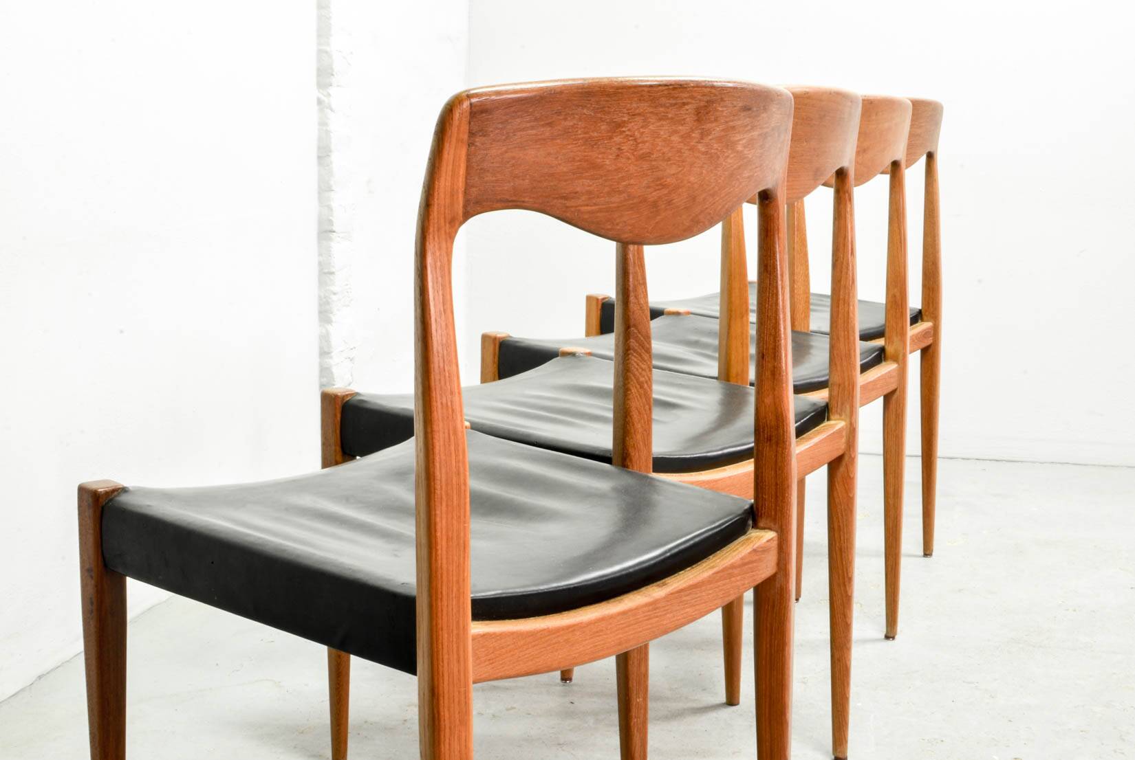 Niels Otto Moller Style Solid Teak Wood Dining Chairs with Leatherette 50s