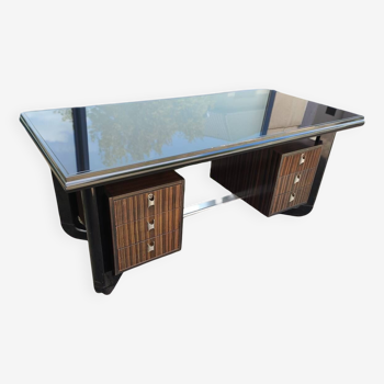 Large Desk - Art Deco - Wood - Glass - Black - 6 Drawers