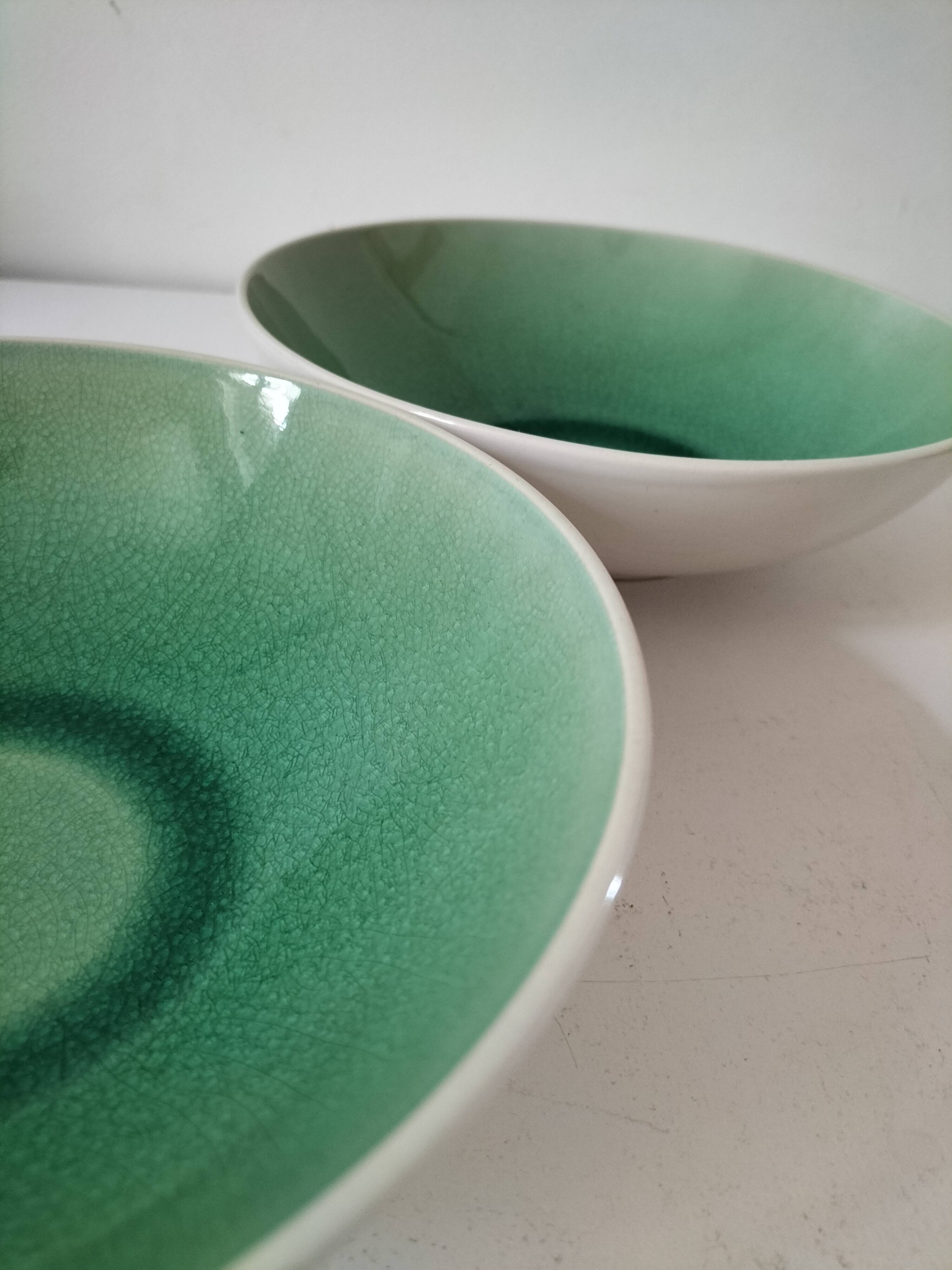 Duo of celadon crackle effect soup plates