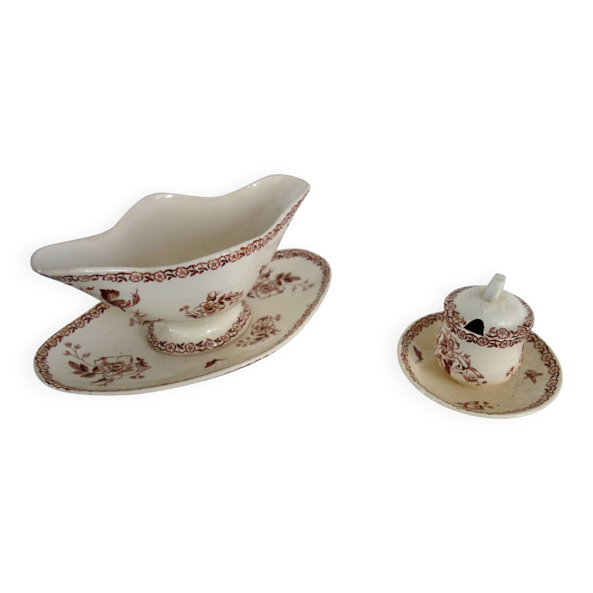 Saucière et moutardier en terre de fer Gien modèle Mai vers 1900