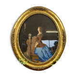 Old lithograph of a woman in prayer – Oval gold frame