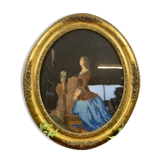 Old lithograph of a woman in prayer – Oval gold frame