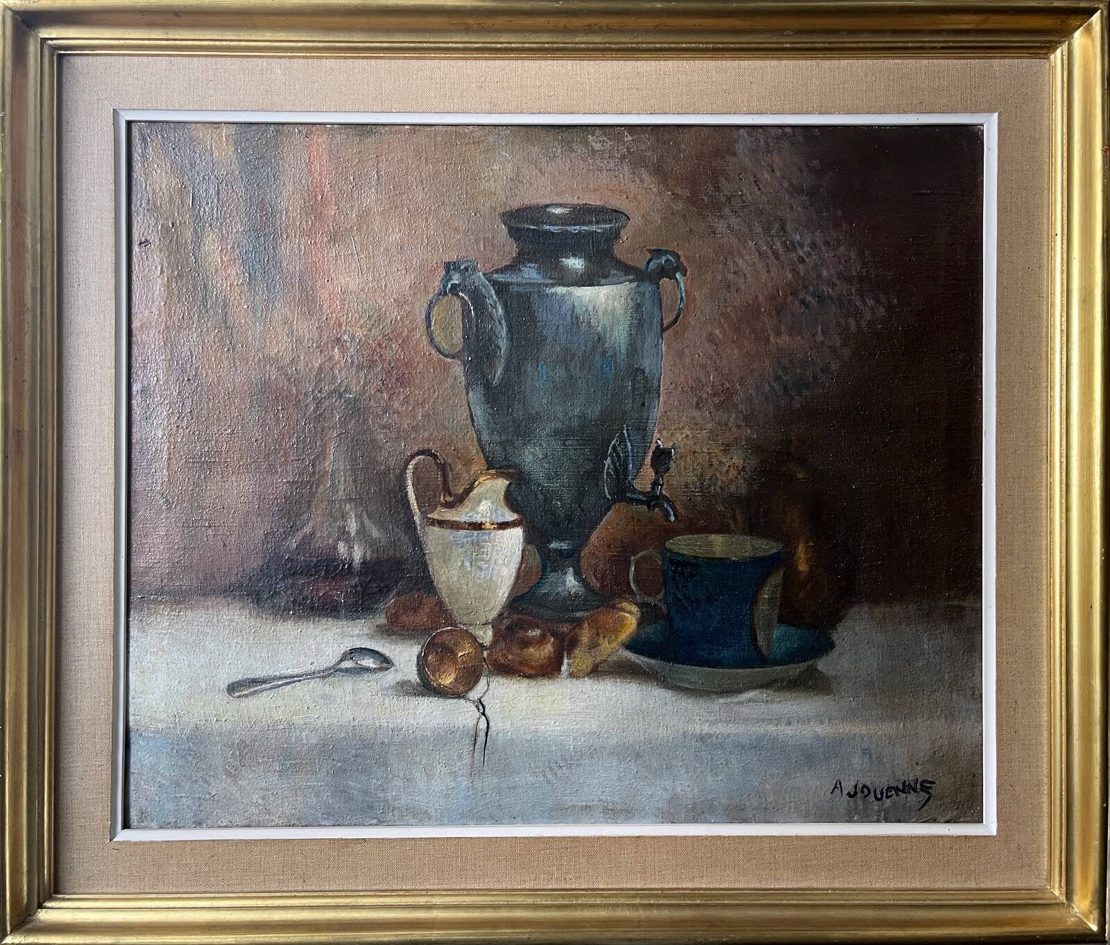 Antique HST painting "Still life: breakfast" signed A. Jouenne + ca