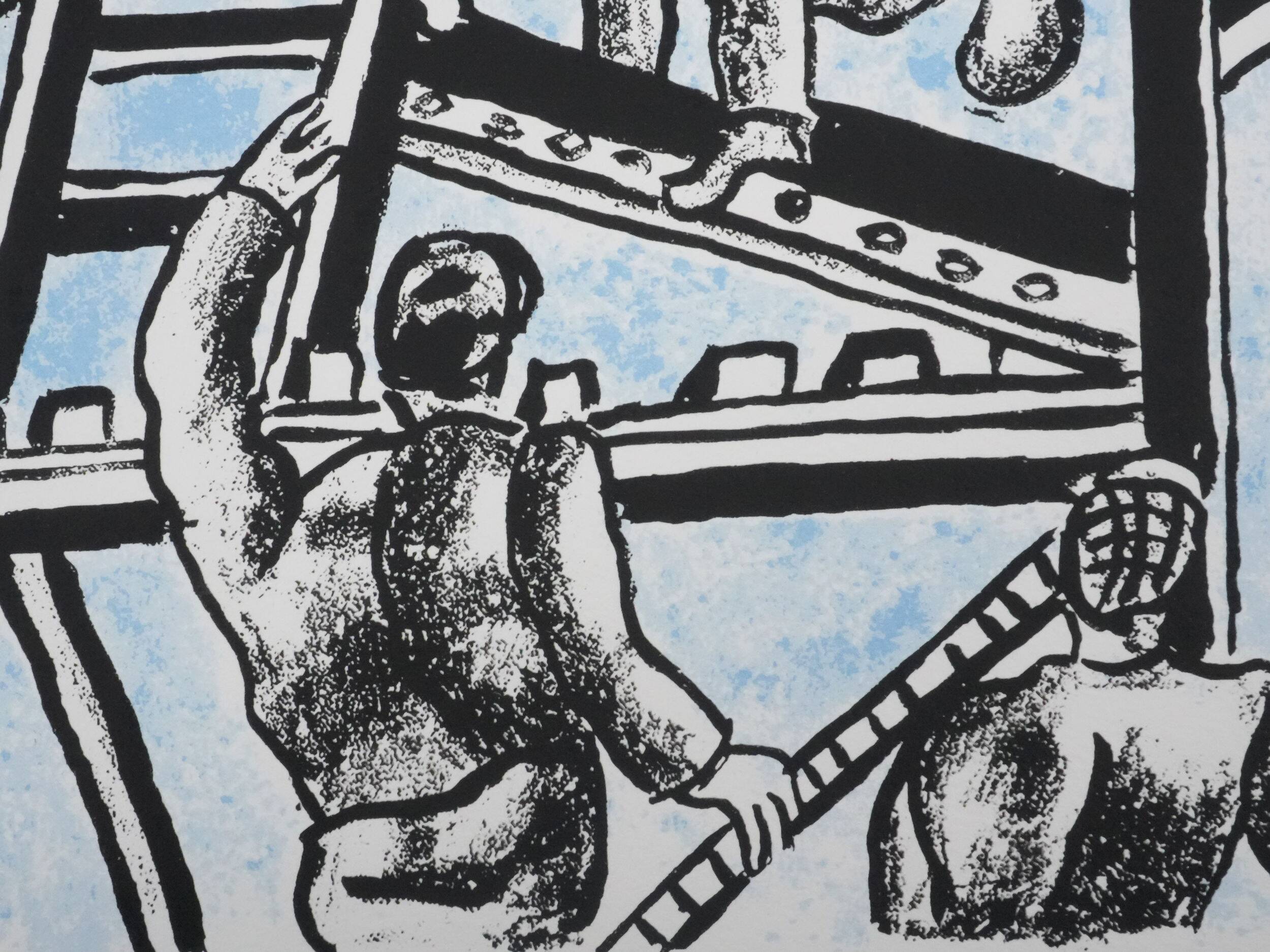 Fernand leger : les constructeurs (bleu), lithographie signée