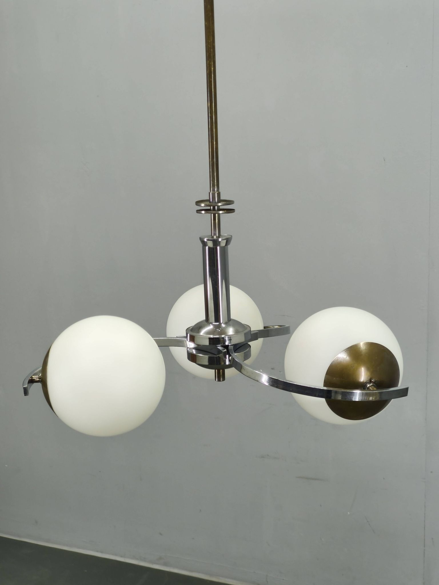 Czech Art Deco Chrome and Opaline Glass Chandelier, 1930s