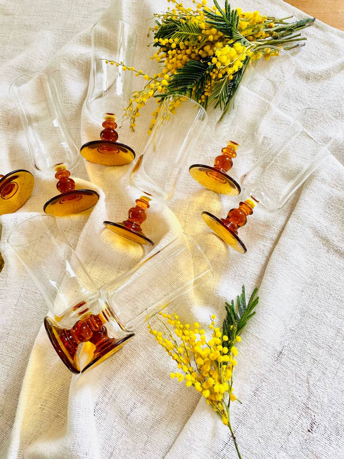 Set of 8 vintage amber glass champagne flutes