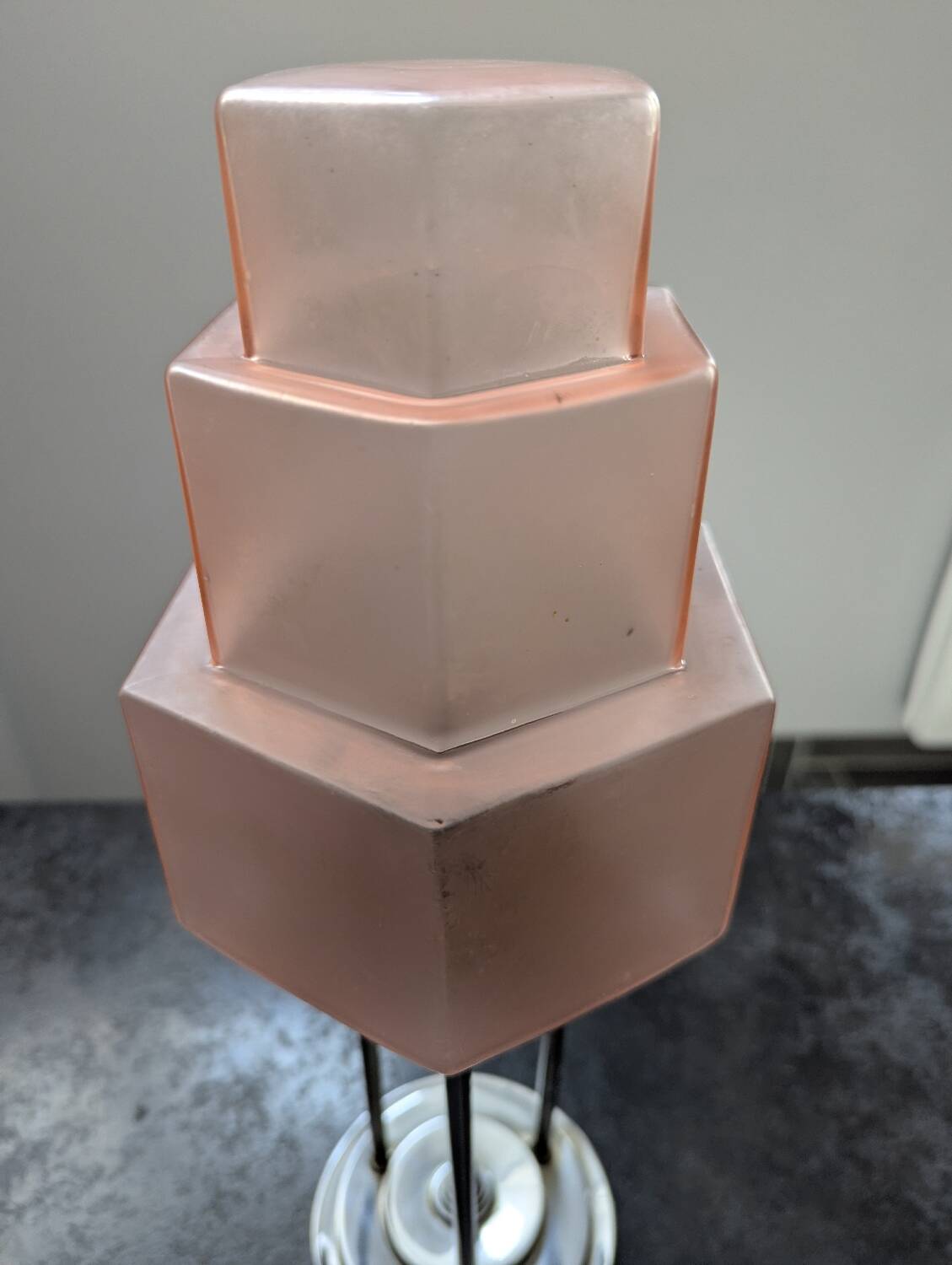 Vintage Skyscraper ceiling light, pink glass table lamp, Bauhaus Art.