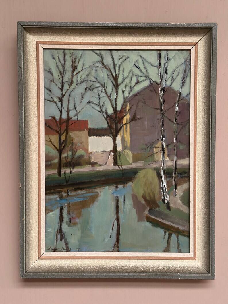 Original Swedish Oil on Canvas - "Landscape with Trees and Buildings" by Ingvar Björk - 1948 - Vintage - Framed - 62 × 48 cm (24.4" × 18.9")