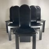Post modern Memphis high back black leather stitched organic dining chairs, set of 6. Italy, 1980s