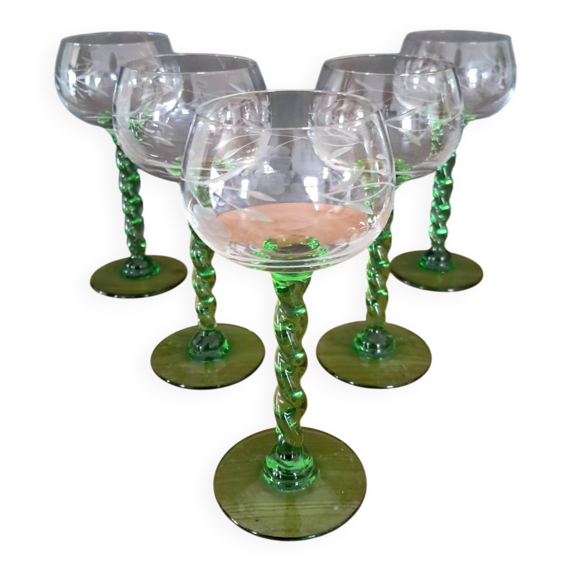 5 white wine glasses with twisted stems