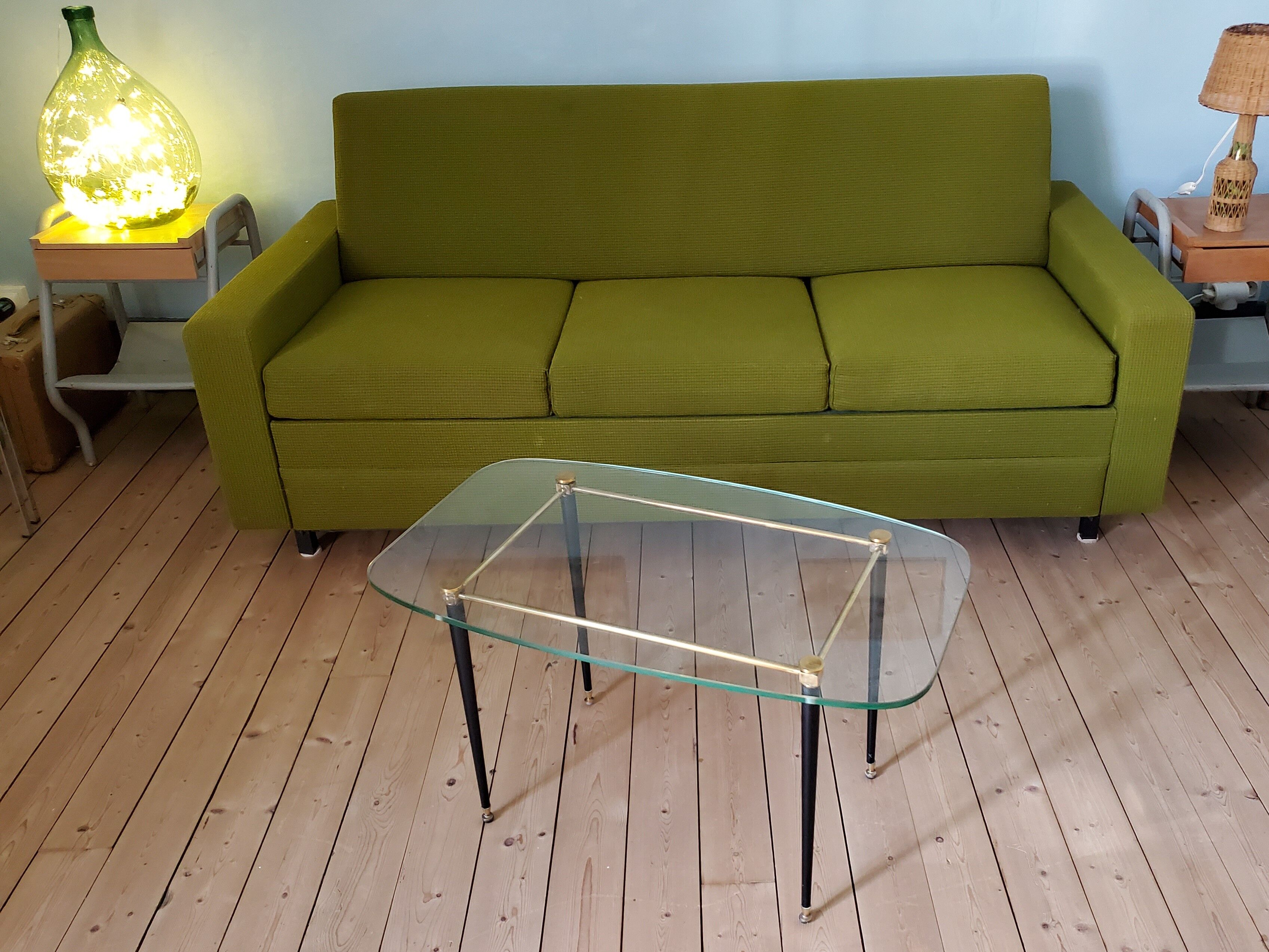 60's glass, metal and brass coffee table