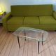60's glass, metal and brass coffee table