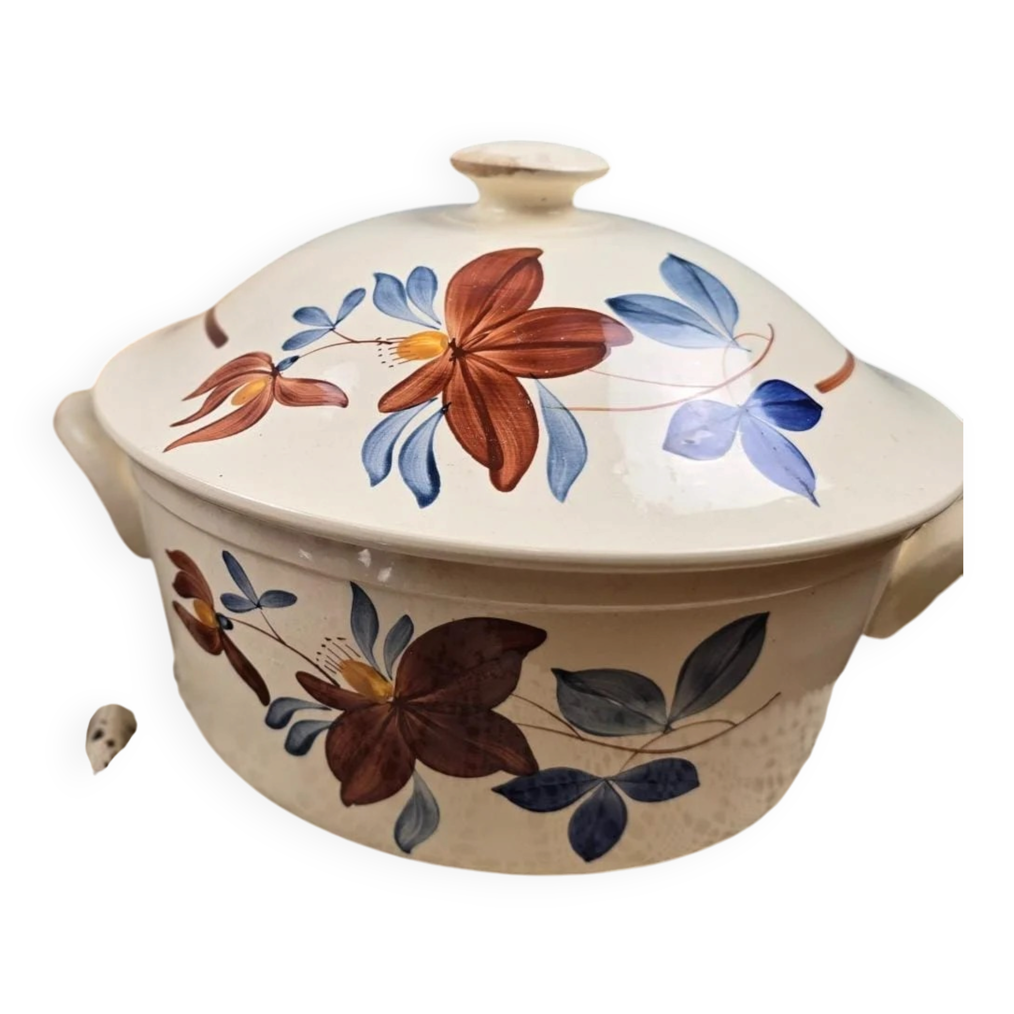 Large vintage soup tureen Digoin Sarreguemines – Brown and blue floral decoration