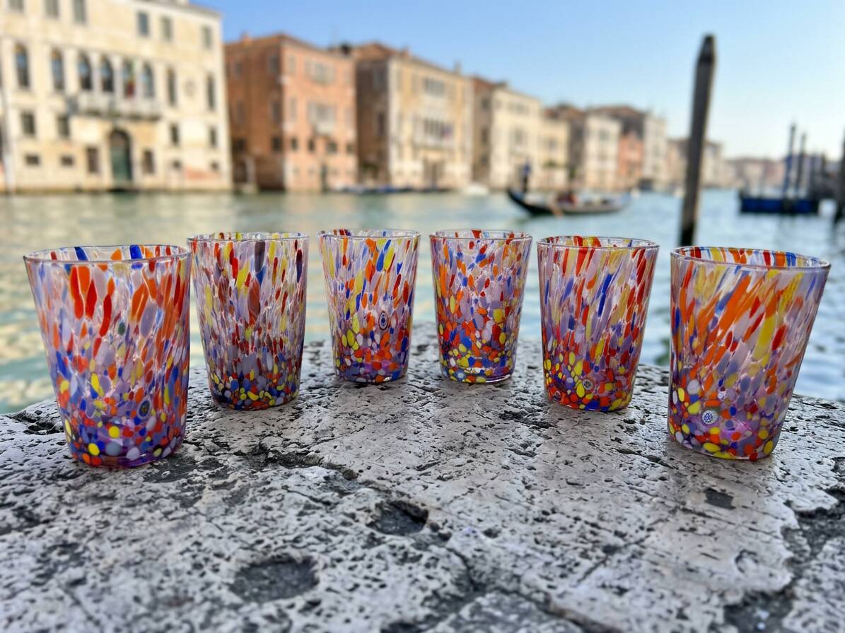 Set of 6 blown glass glasses with Murano murrine.