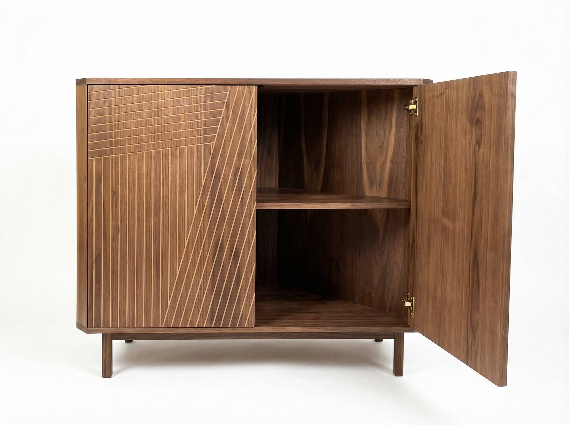 Corner console in walnut, 2-door sideboard, corner cabinet, line pattern.
