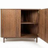Corner console in walnut, 2-door sideboard, corner cabinet, line pattern.