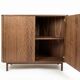 Corner console in walnut, 2-door sideboard, corner cabinet, line pattern.