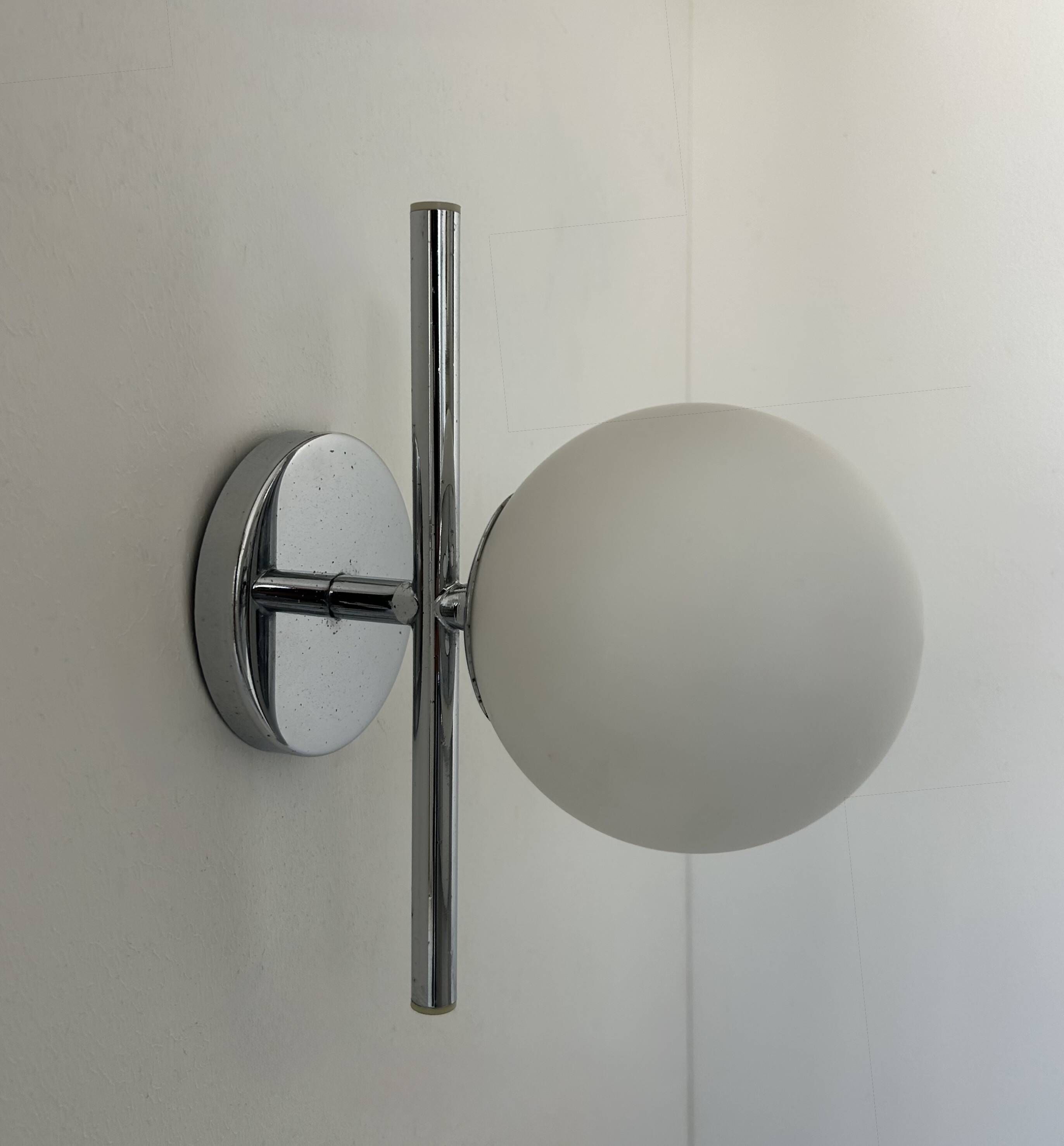 Pair of vintage chrome and opaline wall lights, France 1970.