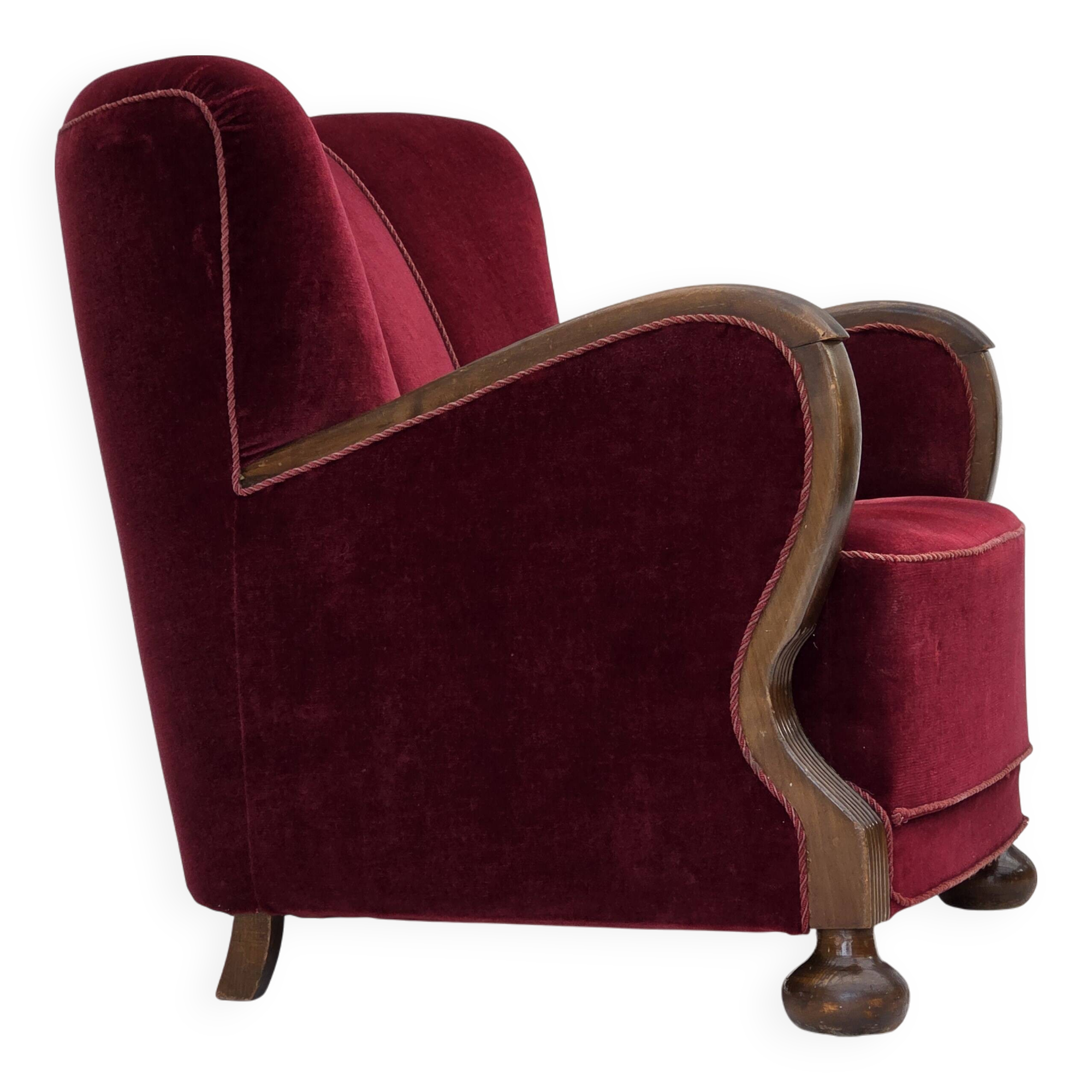 1950s, Danish relax armchair, cherry-red furniture velour, dark beech wood.