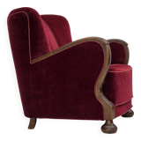 1950s, Danish relax armchair, cherry-red furniture velour, dark beech wood.