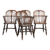 Antique set of 4 English Windsor lowback chairs with character