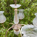 Ceiling chandelier with 5 tulip branches, diamond tip, brass style, 1950s