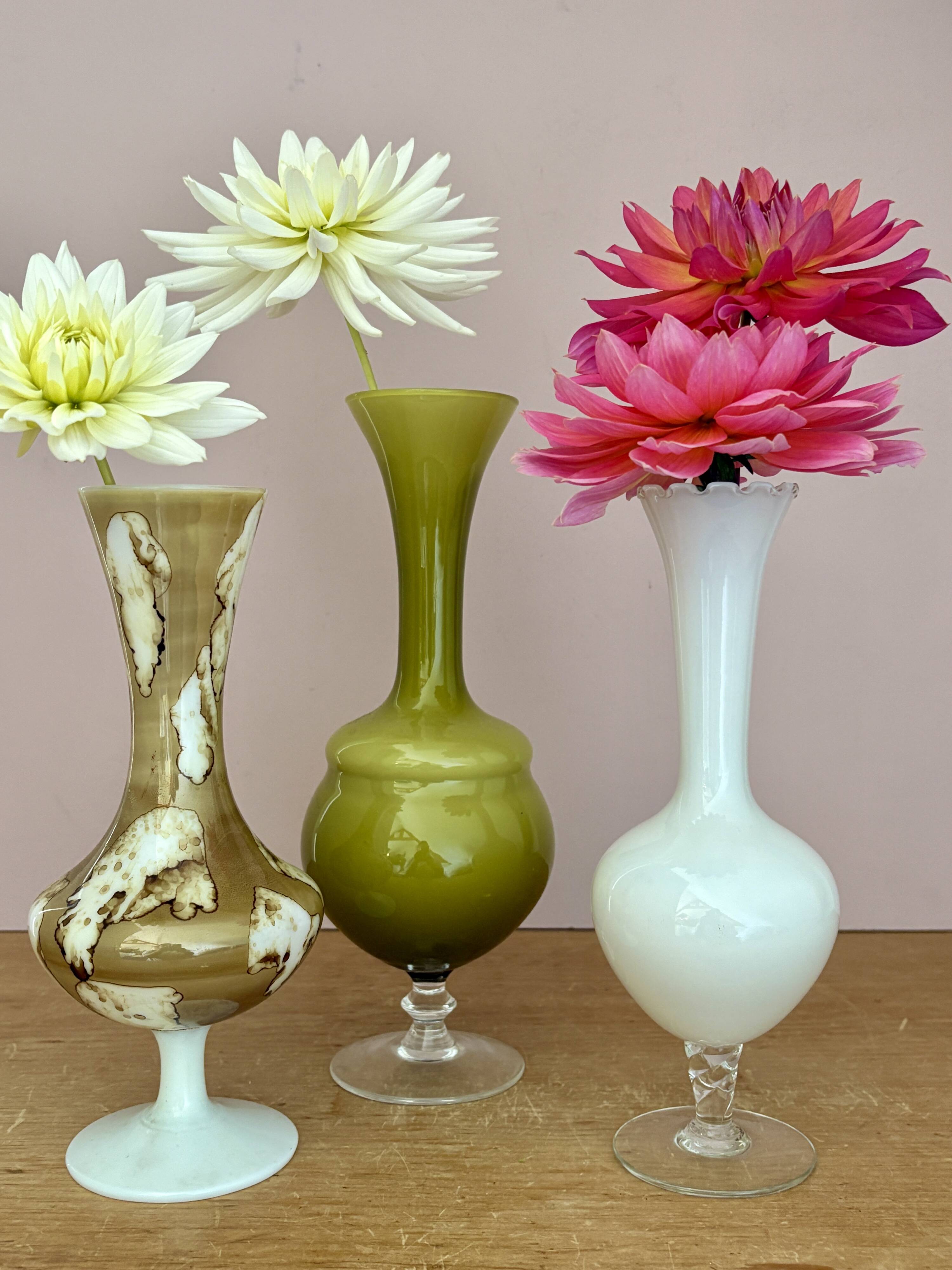 Set of 3 vintage glass and opaline vases